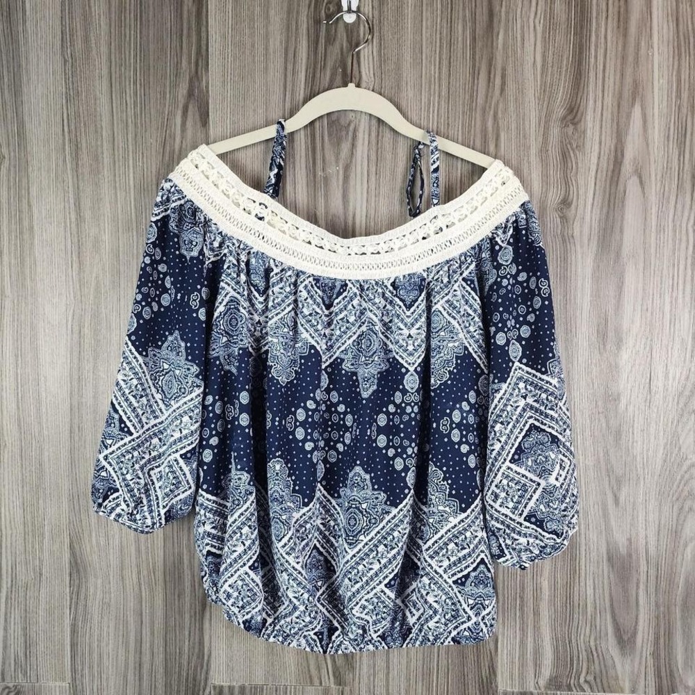 IZ BYER Navy Blue White Paisley Cold‎ Shoulder Crochet Lace Blouse Top Large